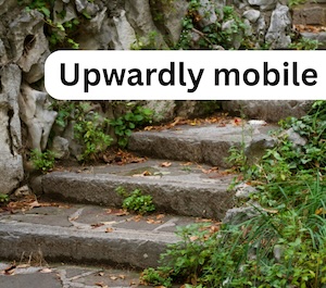 An image of old steps with the caption ‘upwardly mobile’ as a pun on the steps to financial freedom