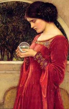 A section of a painting of a woman with a crystal ball, by John William Waterhouse