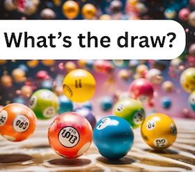 AI image of some bouncing lottery balls with the caption: What’s the draw?